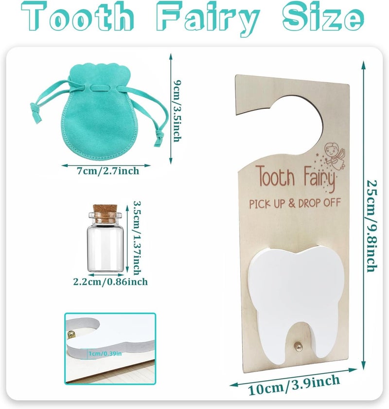 ZHYEEDAA 3 Pcs Tooth Fairy Kit,Tooth Fairy Tooth Holder with Tooth-Storage Bottle Velvet Pouch& Money Slot Keepsake,Wooden Tooth Door Hanger for Kids' First Lost Teeth, Tooth Fairy Gifts for Boy and Girl(Blue) - Image 2